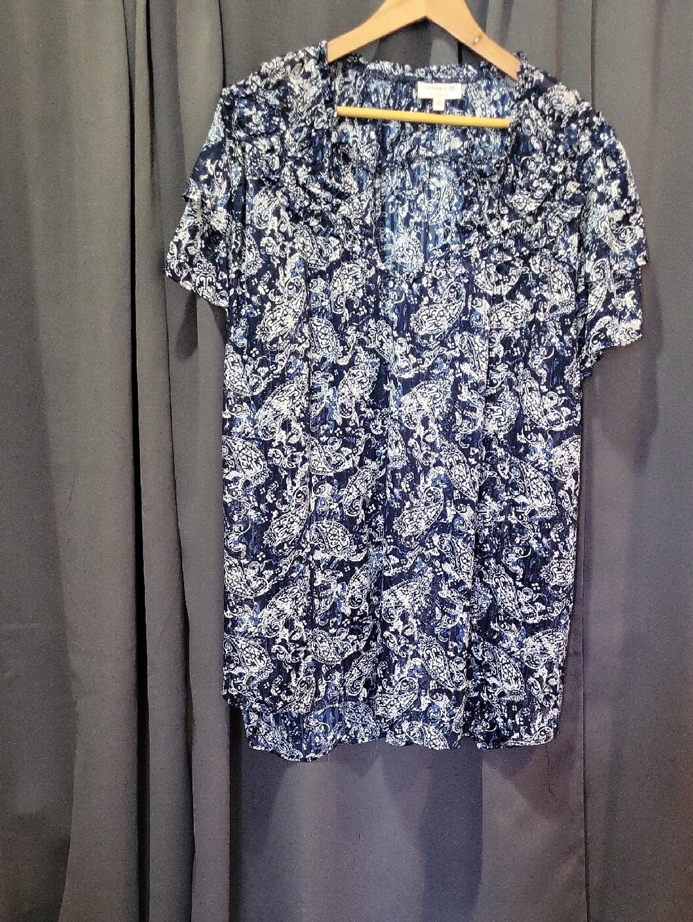 Navy Blue Paisley Short Sleeve Blouse